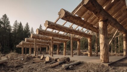 Fototapeta premium Log Cabin Construction - A Rustic Timber Frame in the Woods.