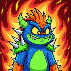 A vibrant, colorful monster, radiating energy and aggression, stands amidst a fiery background.
