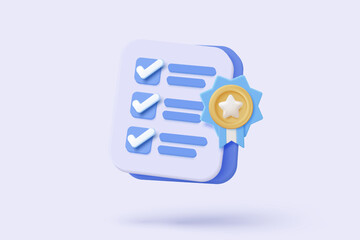 3d icon file task management todo check list, assignment and exam paperwork, work on organization, progress feedback, administration survey. 3d clipboard tick check icon vector render illustration