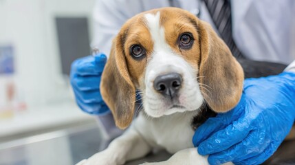 Young veterinarian wearing gloves and examining sick beagle dog in clinic.
