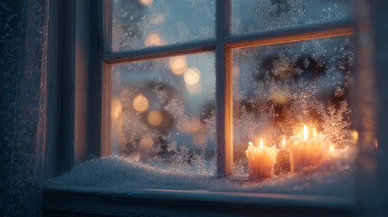 Cozy winter evening with glowing candles on a frosty windowsill, warm lights twinkling outside.