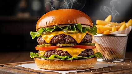 A mouth-watering, steaming double cheeseburger stacked with fresh lettuce, melted cheese, pickles, and tomatoes, served alongside crispy golden fries on a rustic wooden board.