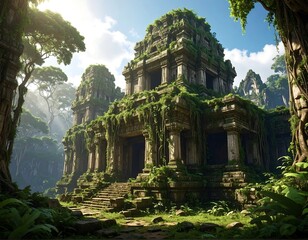 Ancient overgrown temple bathed in sunlight, surrounded by lush jungle