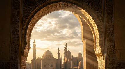 A Serene Islamic Mosque Scene during Holy Ramadan kareem mubarak with Iftarbly the most anticipated date under the elegant arched doorway