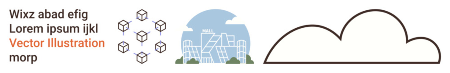 Fototapeta premium Technology, architecture, digital data, cloud storage, innovation, futuristic . Abstract elements include a cloud outline, modern buildings and a patterned cube design. Technology and innovation