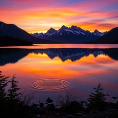 Vibrant sunset colors reflect intensely on a still mountain lake surface creating ripple patterns
