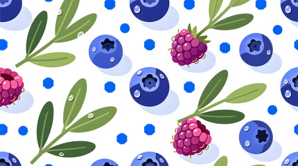 Cute and realistic seamless vector pattern featuring plump blueberries, ripe raspberries, and olive green sprigs on a crisp, high-key white background.