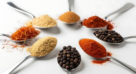 Assortment of vibrant spices in spoons arranged in a circle on a white background, showcasing various colors and textures.