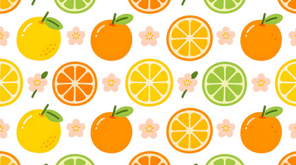 Simple happiness seamless doodle vector pattern featuring whole and halved oranges and delicate citrus blossoms in premium bright colors.