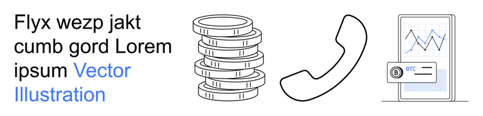 Financial services, cryptocurrency, digital economy, telecommunication, data transfer, mobile transactions. Stacked coins, phone icon smartphone showing a graph. Cryptocurrency and financial