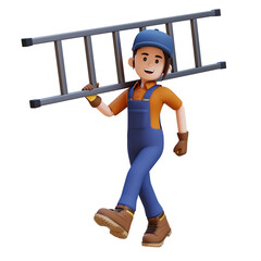 Female Handywoman Construction Worker Carrying a Ladder