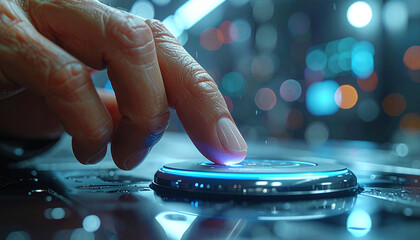 Technological Interaction: A close-up shot of a finger activating a glowing button, surrounded by futuristic ambient lighting, symbolizing digital interaction and innovation.
