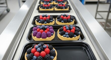 Rows of fresh berry tarts arranged on black trays for sale or service, showcasing delicious baked desserts.
