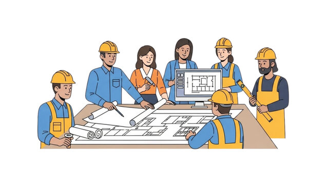 Architects using Auto Cad for project 34 plans in a meeting illustration.