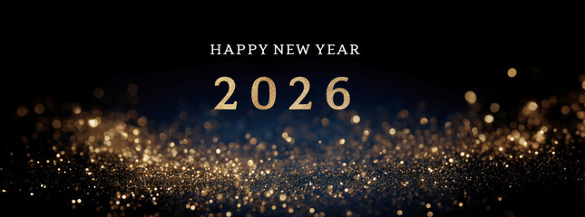 Fototapeta premium Celebrating the arrival of 2026 with a sparkling dark blue background and golden lettering wishing a happy new year. Happy New Year 2026 banner