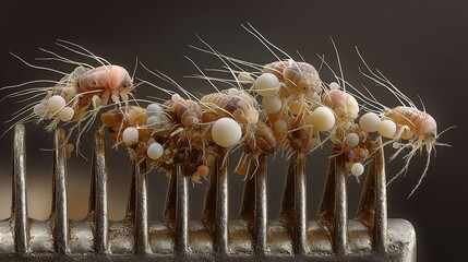 Obraz premium Close-up macro of tiny insects perched on metal comb.