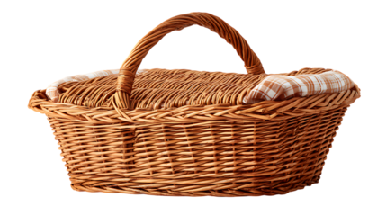 Wicker picnic basket with checkered cloth traditional woven container for outdoor food and drink isolated on white background.