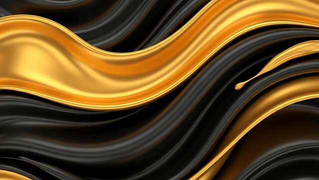 Dynamic Fluidity: Elegant waves of rich golden liquid intertwine with sleek, deep black fabric or fluid, creating a luxurious and mesmerizing abstract background.