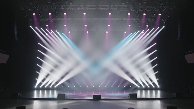 Vibrant stage lighting display, colorful beams create dynamic atmosphere, concert or event preparation scene, festival vibes and entertainment setup