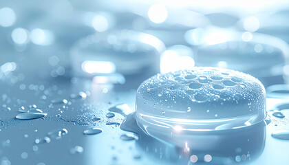 Aqua Serenity: A macro perspective unveils a collection of pristine, droplet-laden surfaces, emitting a serene, cool, aquatic mood.