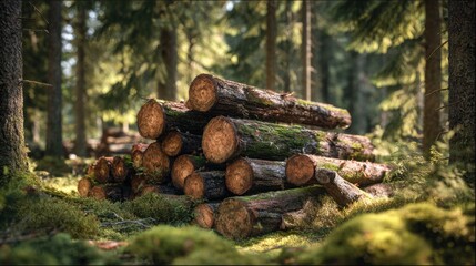 Forest Logs Stack: A pile of felled logs sits peacefully within a lush forest environment. Showcasing the raw beauty of natural resources and forestry.