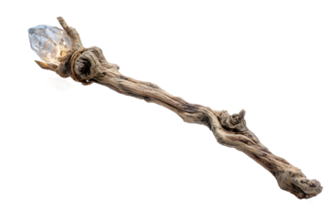 Enchanted crystal wand. Magic wizard staff. Dead tree isolated on white.