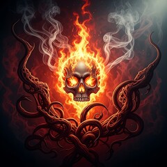 A skull engulfed in fiery flames, surrounded by dark, intricate tendrils of smoke and vegetation.