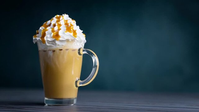 A tempting caramel latte topped with whipped cream, inviting indulgence on a chilly day, cozy vibes for a festive autumn treat