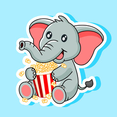 Sticker of Cute Baby Elephant Happy Sitting Hugging Popcorn Bucket Vector Illustration Cartoon Kawaii Design