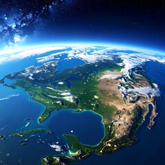 Bird's-eye view of Earth, showcasing landmass, oceans, and atmosphere