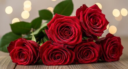 A close-up of a bouquet of vibrant red roses, adorned with water droplets, resting on a wooden surface against a soft backdrop of bokeh lights.