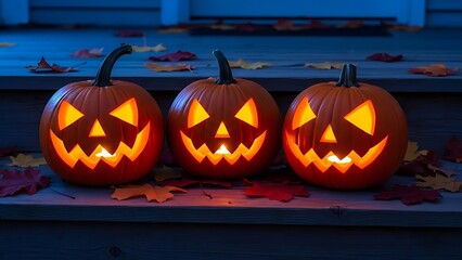 Obraz premium Carved Halloween Pumpkins: Three glowing jack-o'-lanterns with spooky faces illuminate a rustic wooden porch, surrounded by vibrant autumn leaves on a mysterious evening.