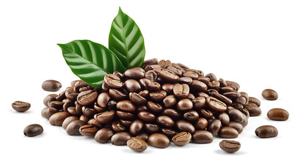 Pile of Roasted Coffee Beans with Green Leaves on White Background Keywords: coffee beans