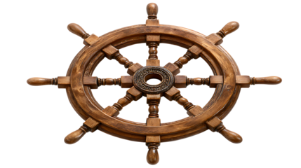 Vintage wooden ships wheel a classic nautical symbol for navigation and maritime adventure isolated on a white background.