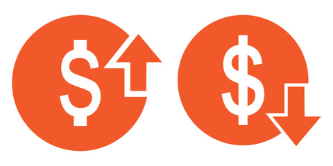 Dollar currency icons illustrating financial trends with red down arrows for decrease and green up arrows for increase, symbolizing market fluctuations.