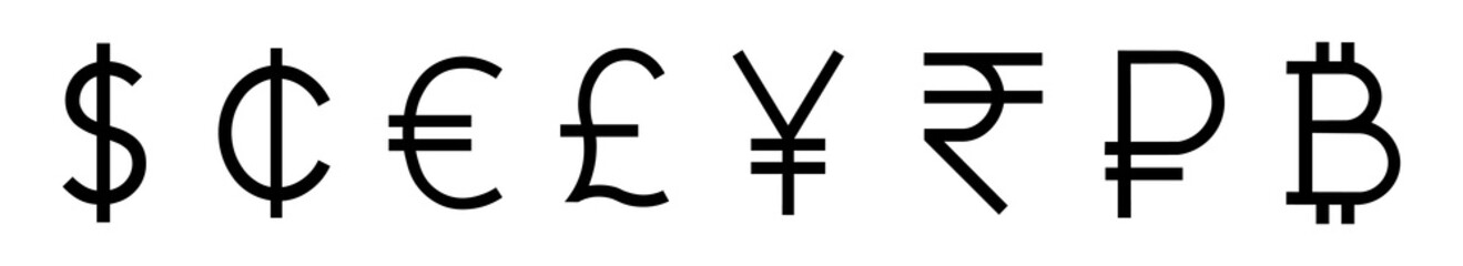 International currency symbols collection icons in minimalist black line style