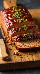 Sliced meatloaf, glistening with barbecue sauce, rests attractively on a rustic wooden cutting board.