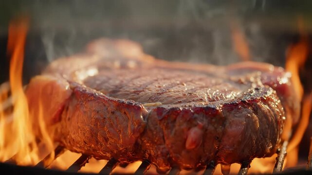 Juicy Ribeye Steak Sizzling Over Open Flames on a Hot Barbecue Grill