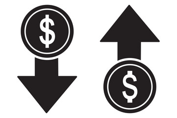 Obraz premium Money increase or decrease icon set. dollar decrease increase symbol. profit and lose icons with arrow , Cost rising icon. vector illustration .