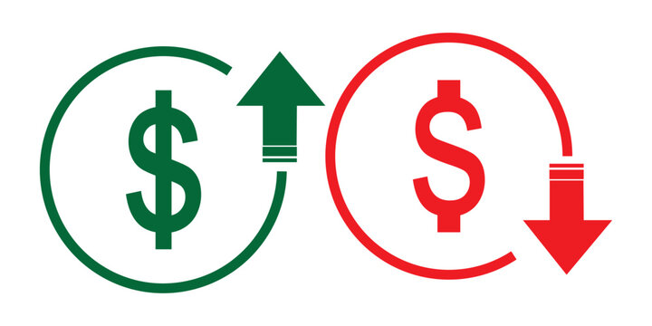 Dollar increase and decrease vector icons. Cost reduce increases and decreases icon set. profit and lose money vector icons.