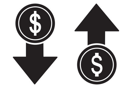 Money increase or decrease icon set. dollar decrease increase symbol. profit and lose icons with arrow , Cost rising icon. vector illustration .