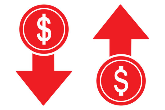 Dollar increase and decrease vector icons. Cost reduce increases and decreases icon set. profit and lose money vector icons.