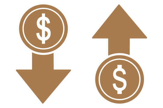 Dollar increase and decrease vector icons. Cost reduce increases and decreases icon set. profit and lose money vector icons.