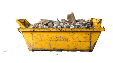 Yellow skip bin filled with construction debris and rubble isolated on a white background.