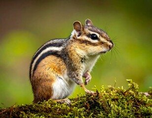 Obraz premium A cute, striped rodent perches on a mossy log