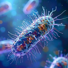 Close-up of a microbe with spiky tendrils and a vibrant blue hue