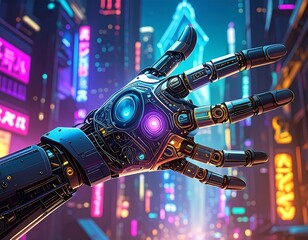 Close-up of a detailed cybernetic hand set against a city backdrop