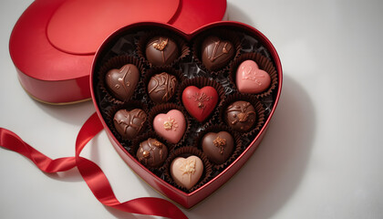 A luxurious, heart-shaped red box filled with various gourmet dark and pink chocolate truffles and bonbons, symbolizing love and romance, placed on a white wooden table for Valentine's Day