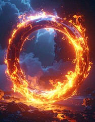 Fototapeta premium A fiery ring burns brightly against a stormy sky over a desolate landscape