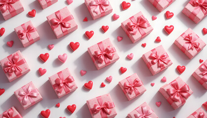Flat Lay of Pink Gift Boxes and Scattered Red and Pink Heart Candies on a Bright White Background for Valentine's Day or Love Themes